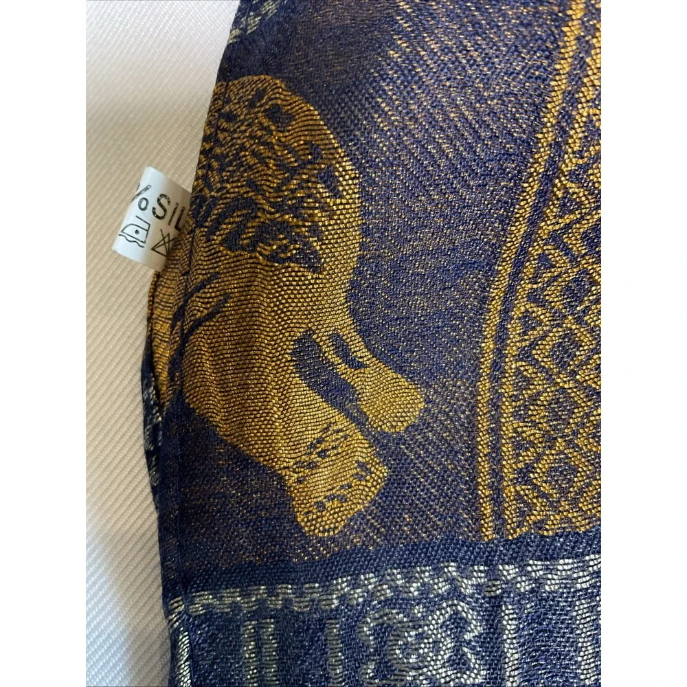 100% Silk Scarf Shawl Elephants 66 X 20 Art To Wear Lagenlook Tribal Shiny